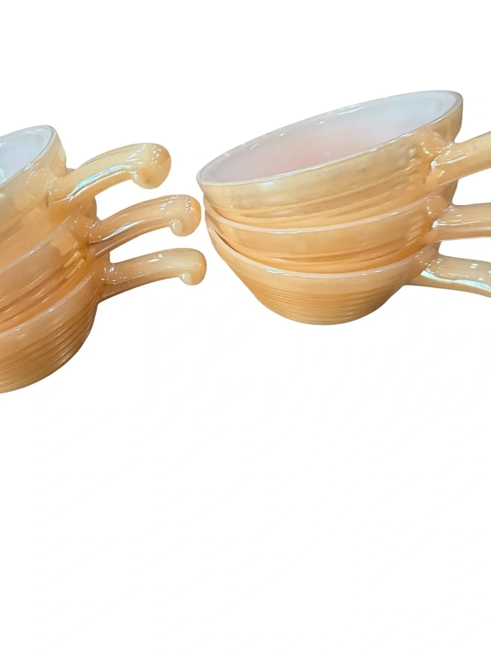 Vintage Fire King Peach Lustre Bee Hive Soup Bowls handles Lot of 6 Pearlescent